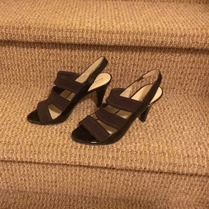 Ellen Tracy Patent Brown Strappy Slingback Open Toe Heels